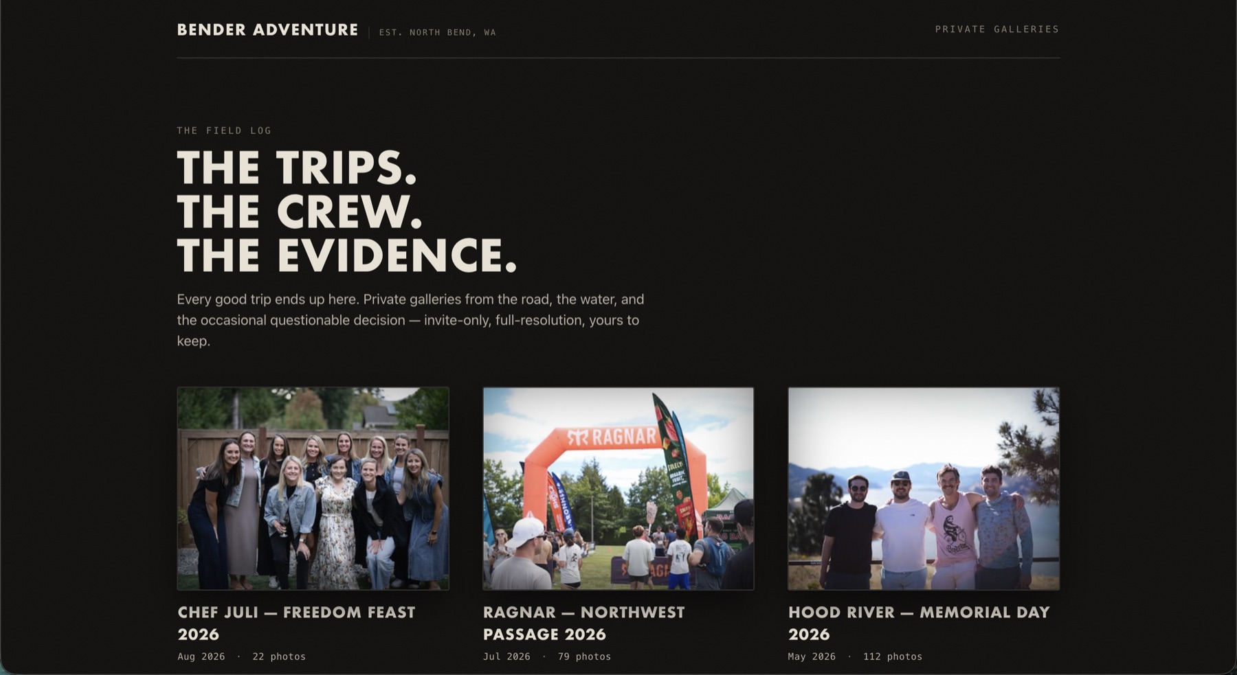 Bender Adventure home page, headed 'The trips. The crew. The evidence.', with cards for three trips