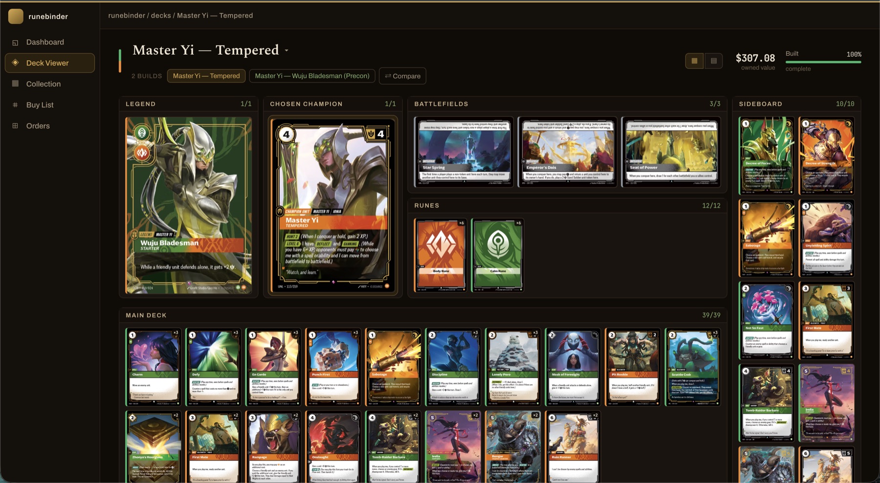 Runebinder's deck viewer, showing a Riftbound deck laid out by zone with completeness and owned value