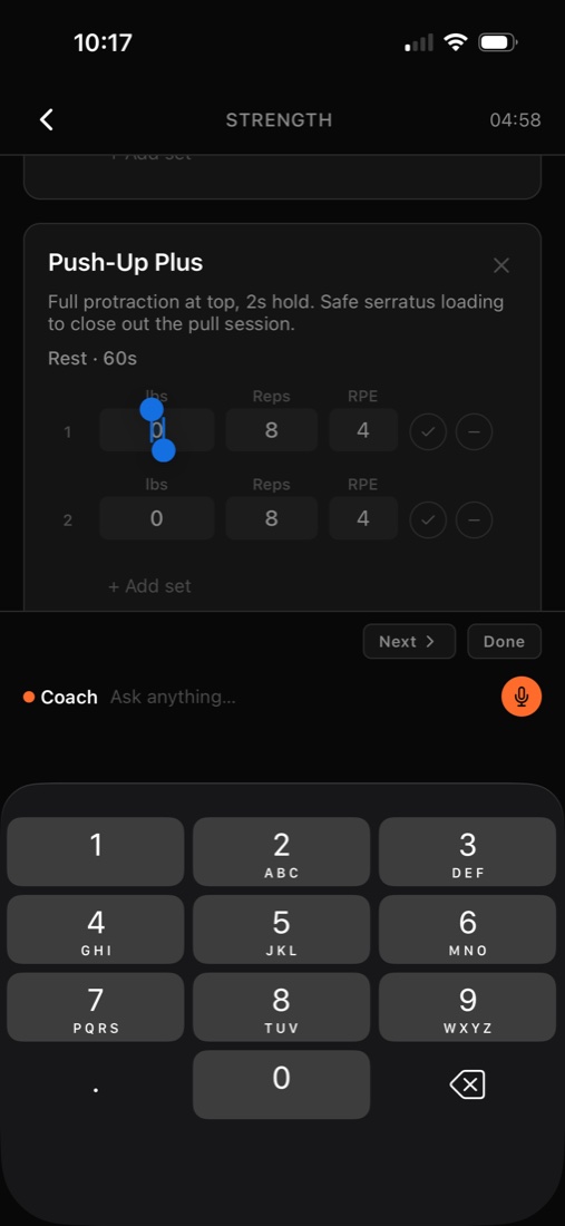 An in-progress strength session logging sets with weight, reps, and RPE, with a coaching cue above the movement and a rest timer