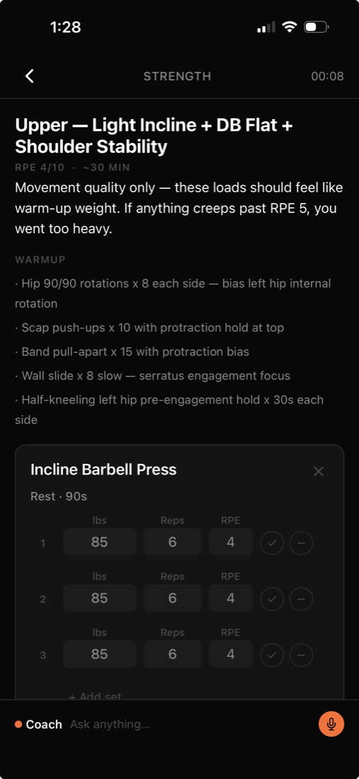 A strength session in progress, with a warmup list and sets logged by weight, reps, and RPE
