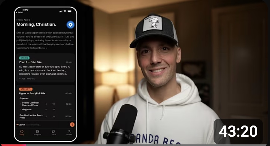Thumbnail for the video 'Vibe Code Ridealong 01 — Building a hybrid fitness app', showing the Threshold app beside Christian at a microphone